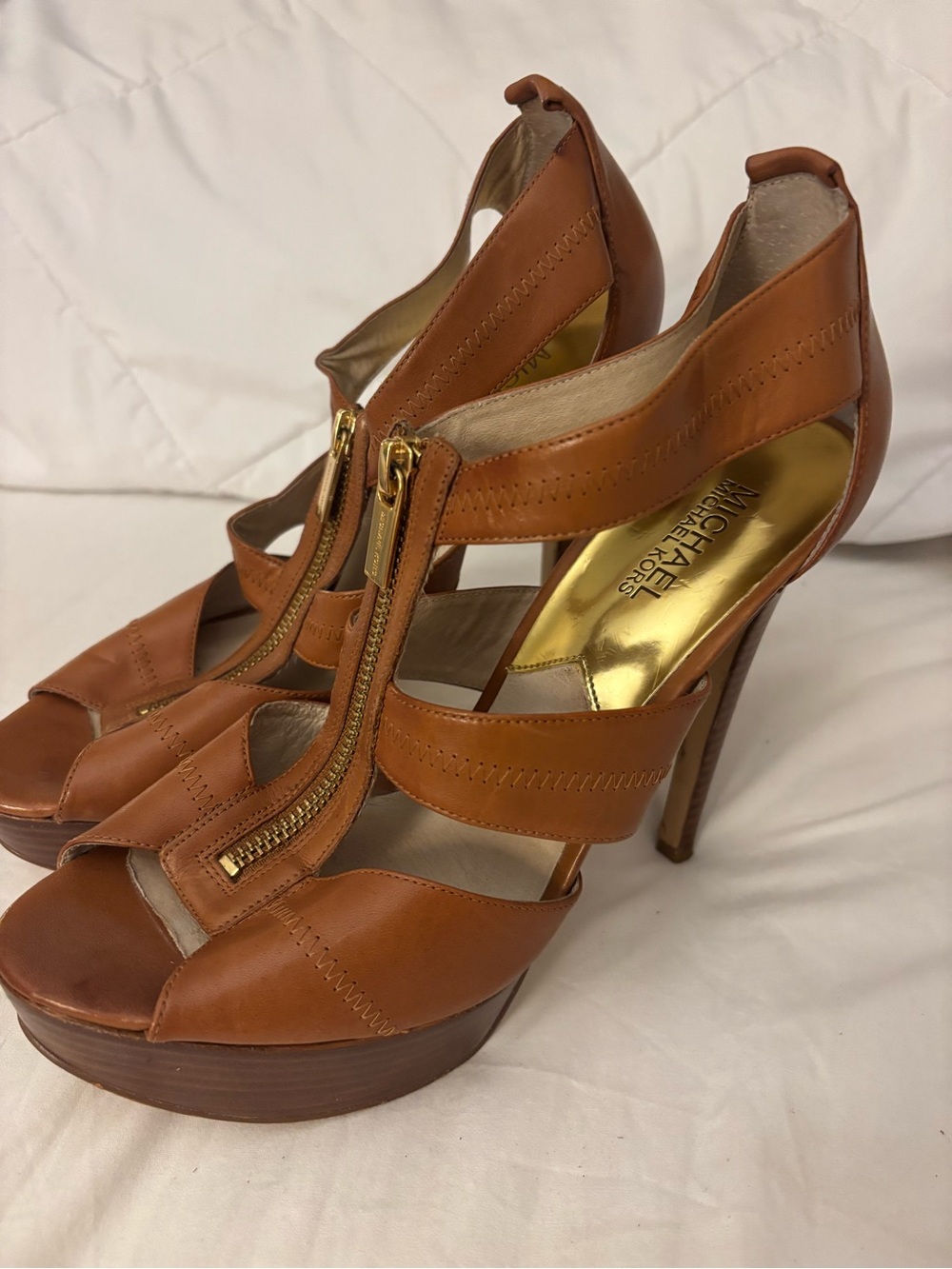 MICHAEL Michael Kors Cognac Leather Zip Platform Heels